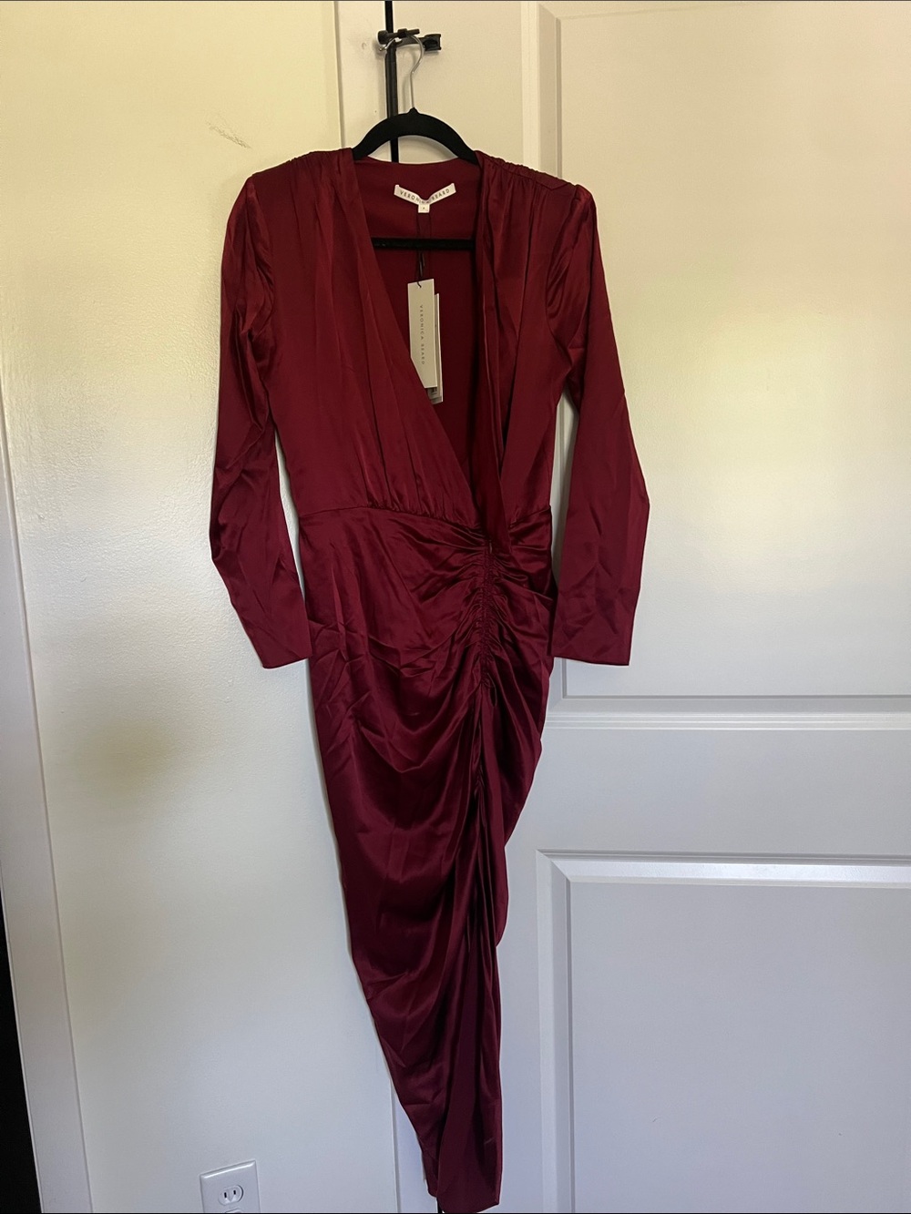 Veronica Beard Cameri Silk Long Sleeve Satin Ruched Dress in Burgundy